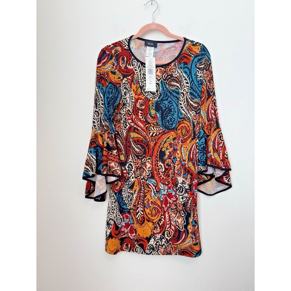 MSK Paisley Long Sleeve Dress in Teal, Red, Orange, Black